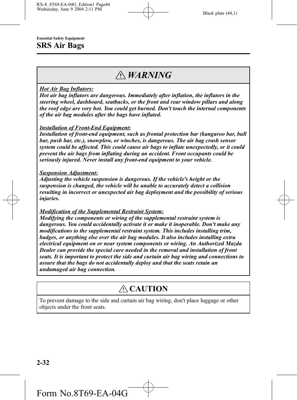 Warning, Caution, Srs air bags | Mazda 2005 RX-8 User Manual | Page 44 / 364