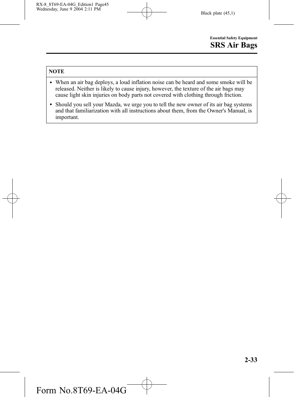 Srs air bags | Mazda 2005 RX-8 User Manual | Page 45 / 364