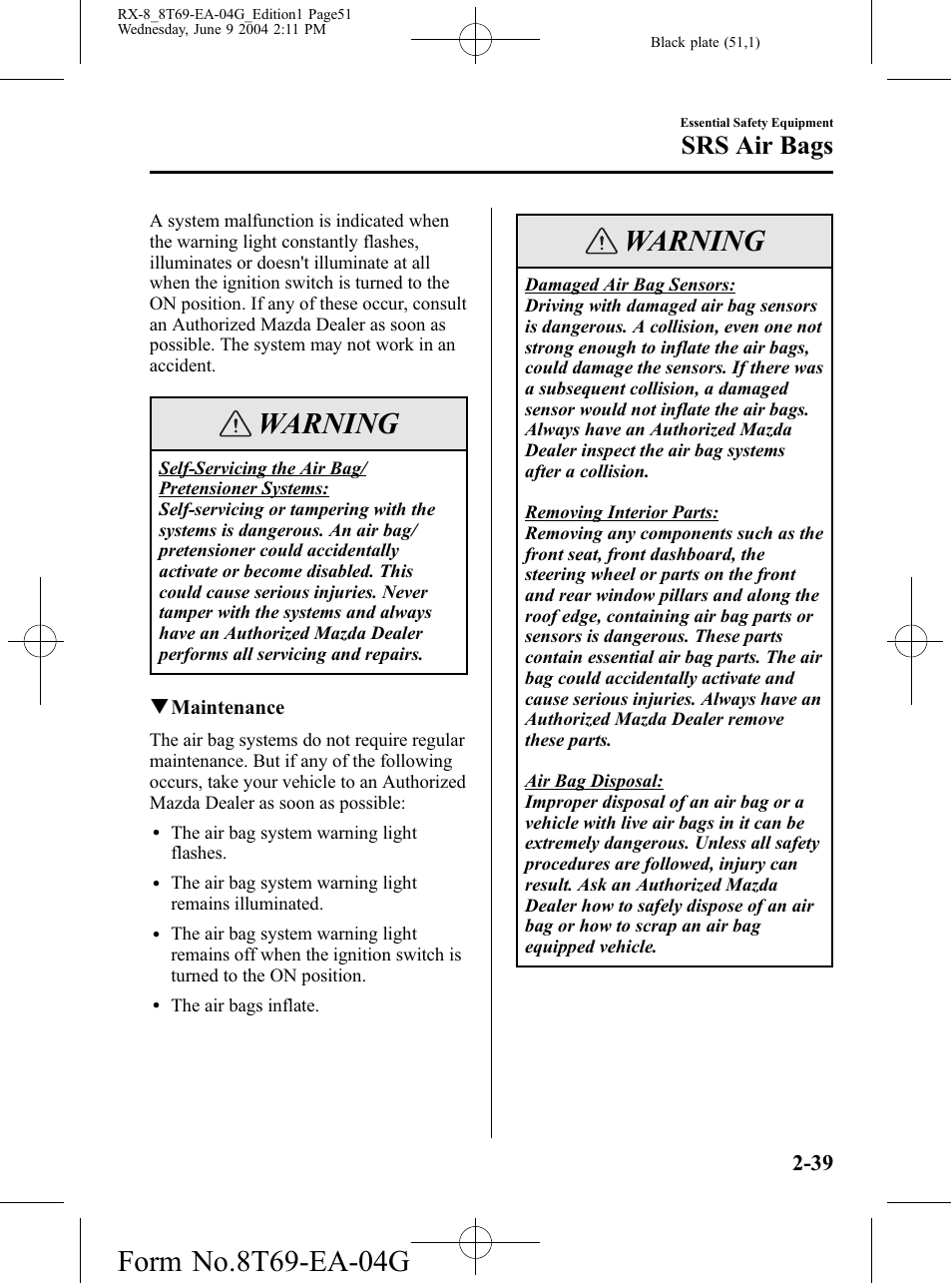 Warning, Srs air bags | Mazda 2005 RX-8 User Manual | Page 51 / 364