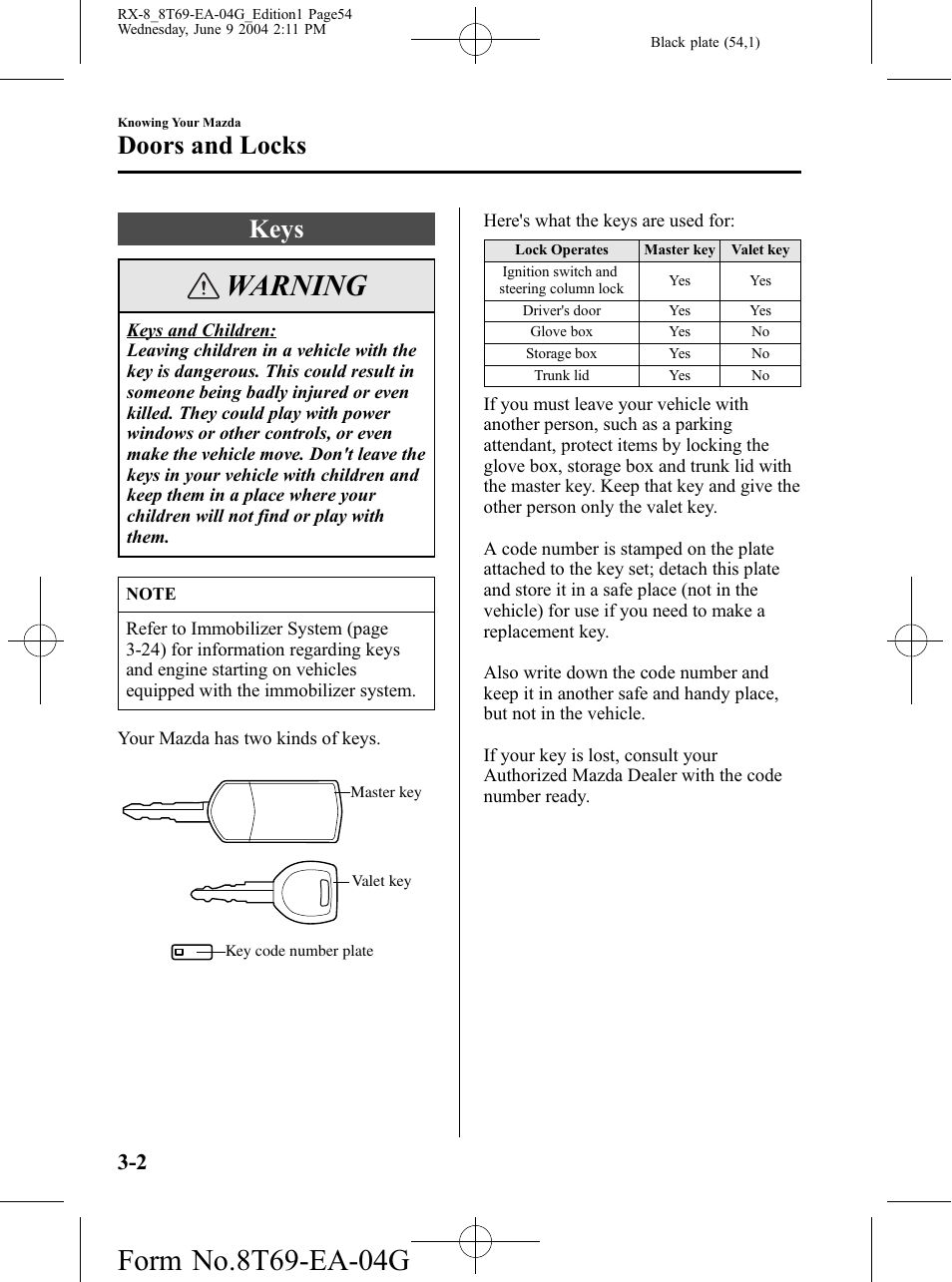 Doors and locks, Keys, Doors and locks -2 | Keys -2, Warning | Mazda 2005 RX-8 User Manual | Page 54 / 364