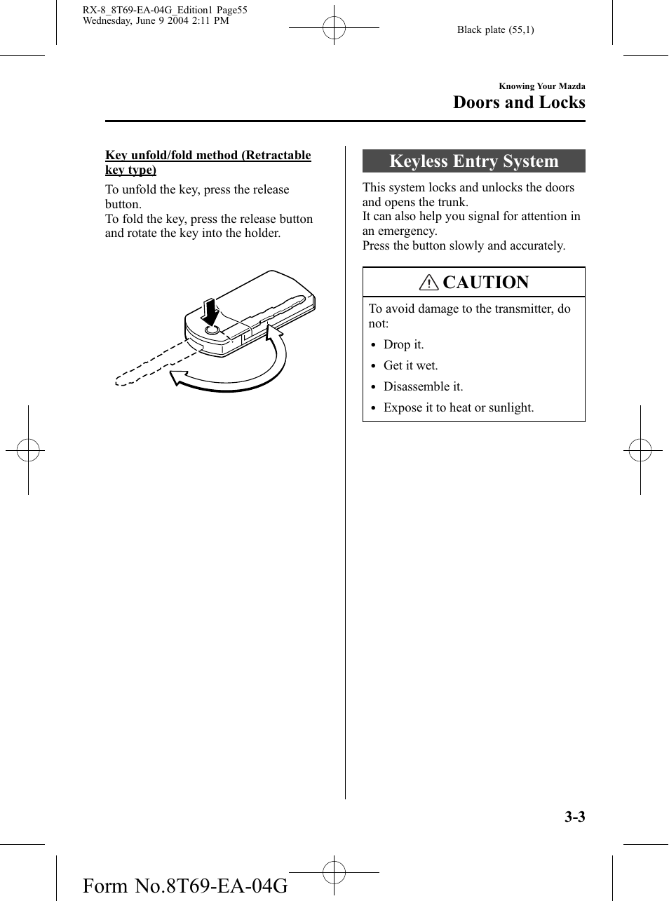 Keyless entry system, Keyless entry system -3, Caution | Doors and locks | Mazda 2005 RX-8 User Manual | Page 55 / 364
