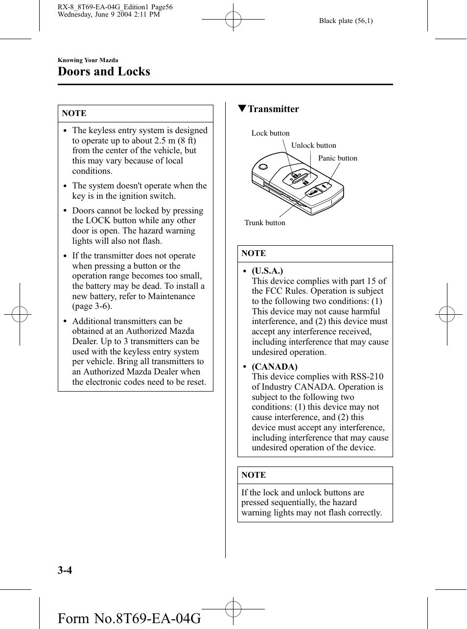 Doors and locks, Qtransmitter | Mazda 2005 RX-8 User Manual | Page 56 / 364