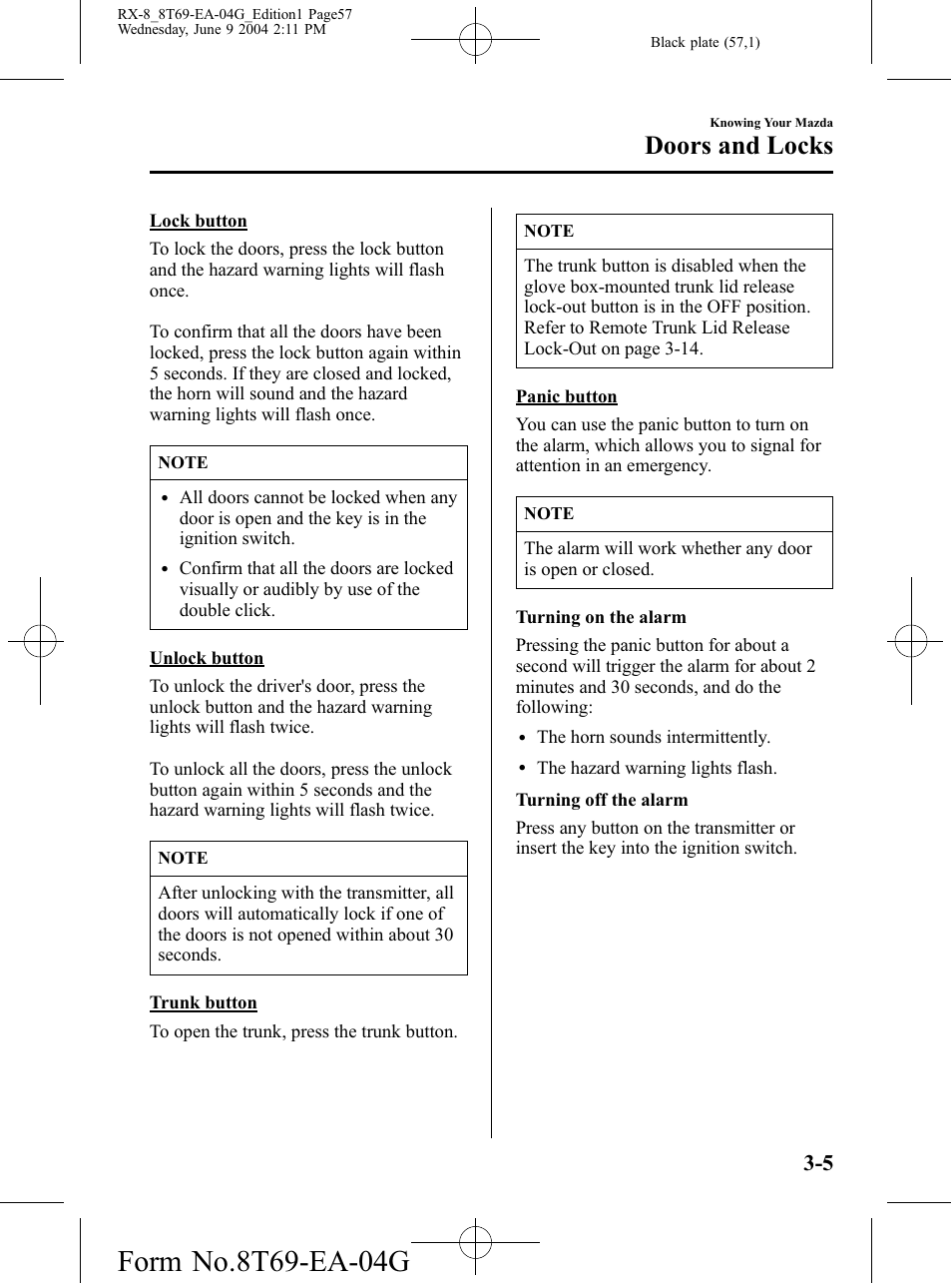 Doors and locks | Mazda 2005 RX-8 User Manual | Page 57 / 364