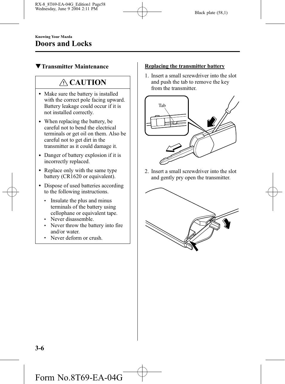 Caution, Doors and locks, Qtransmitter maintenance | Mazda 2005 RX-8 User Manual | Page 58 / 364