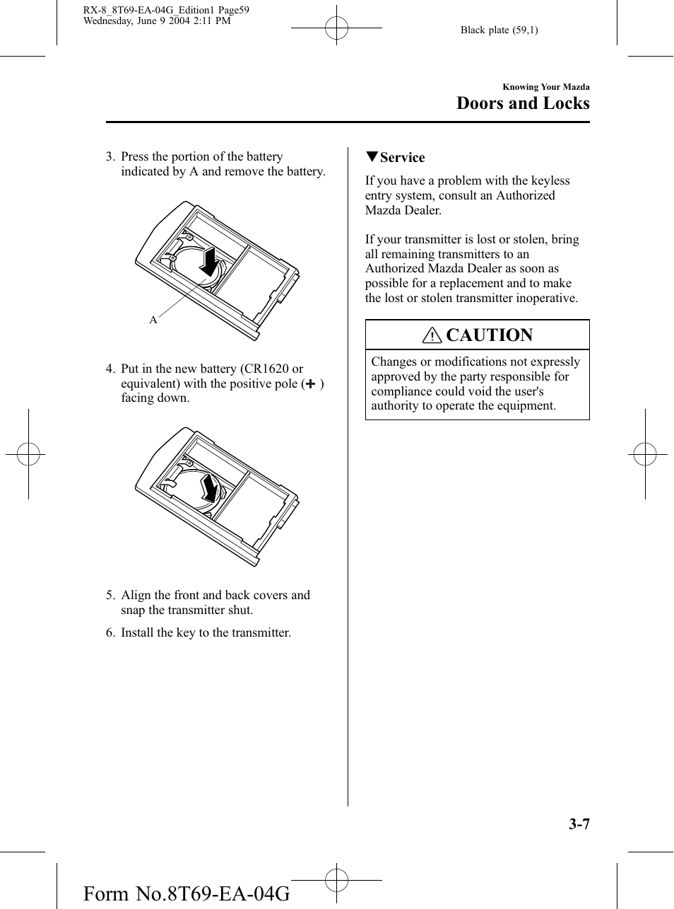 Caution, Doors and locks | Mazda 2005 RX-8 User Manual | Page 59 / 364