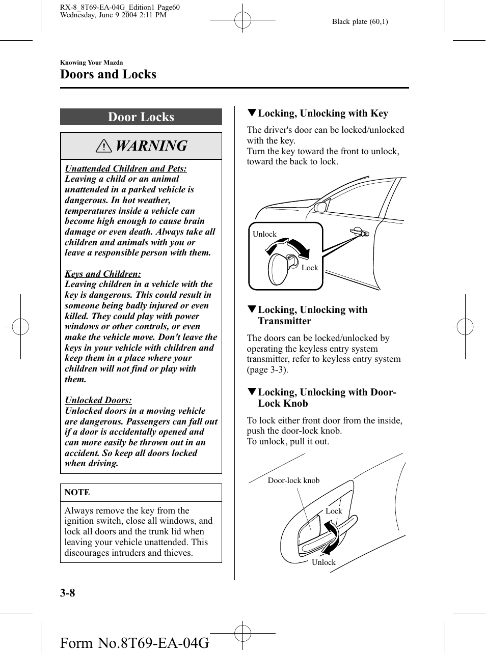 Door locks, Door locks -8, Warning | Doors and locks | Mazda 2005 RX-8 User Manual | Page 60 / 364