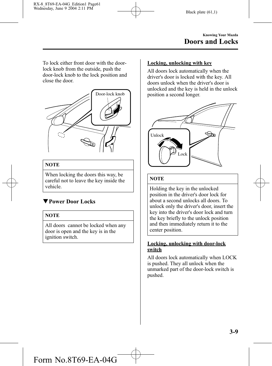 Doors and locks | Mazda 2005 RX-8 User Manual | Page 61 / 364