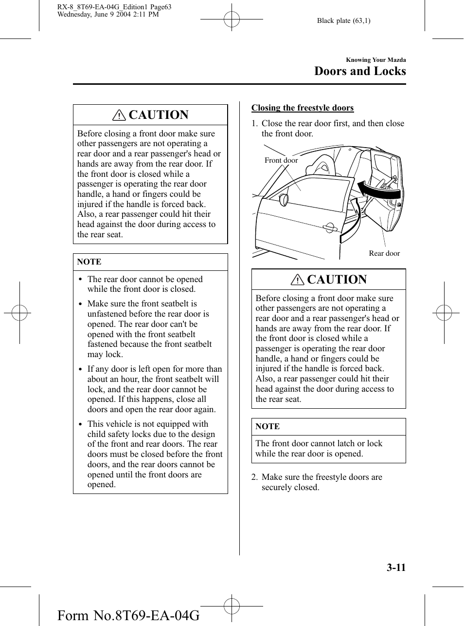 Caution, Doors and locks | Mazda 2005 RX-8 User Manual | Page 63 / 364