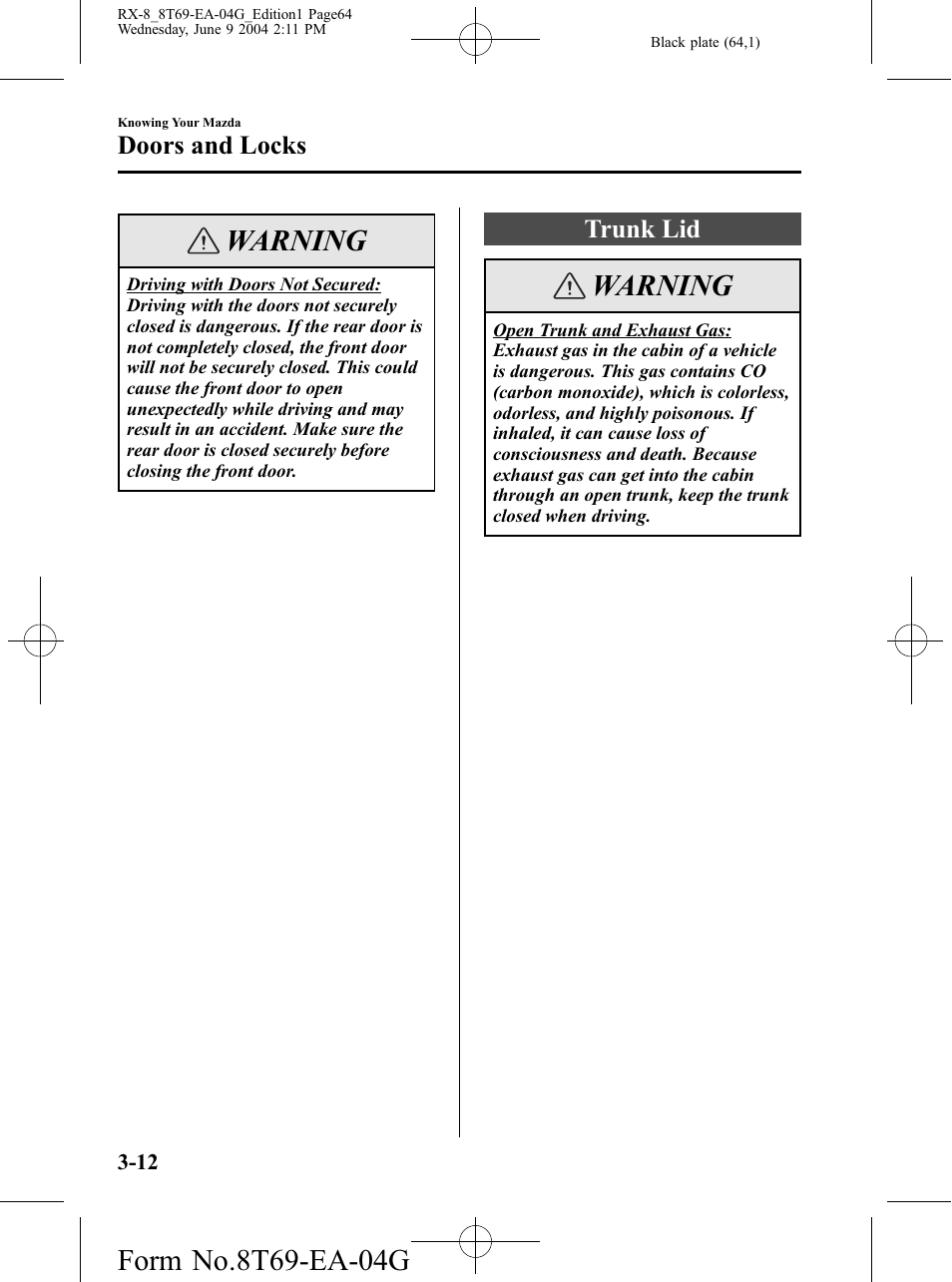 Trunk lid, Trunk lid -12, Warning | Doors and locks | Mazda 2005 RX-8 User Manual | Page 64 / 364