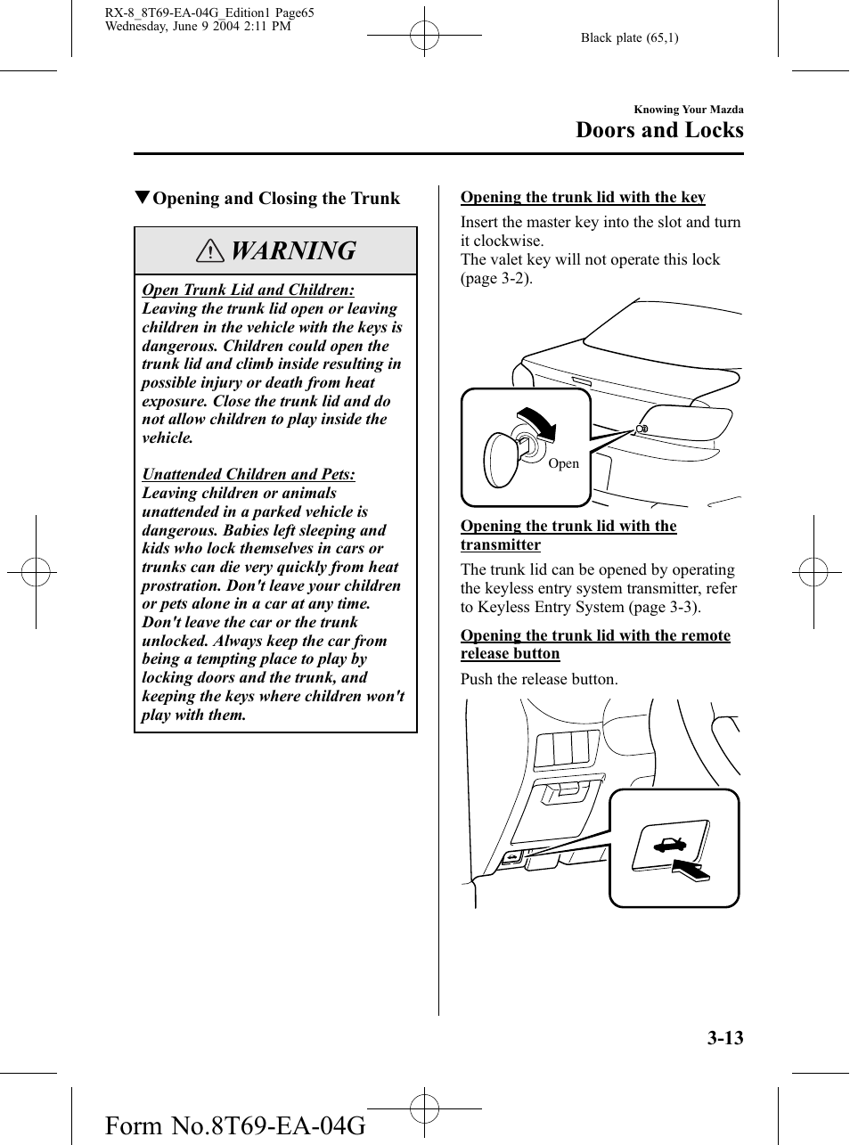 Warning, Doors and locks | Mazda 2005 RX-8 User Manual | Page 65 / 364