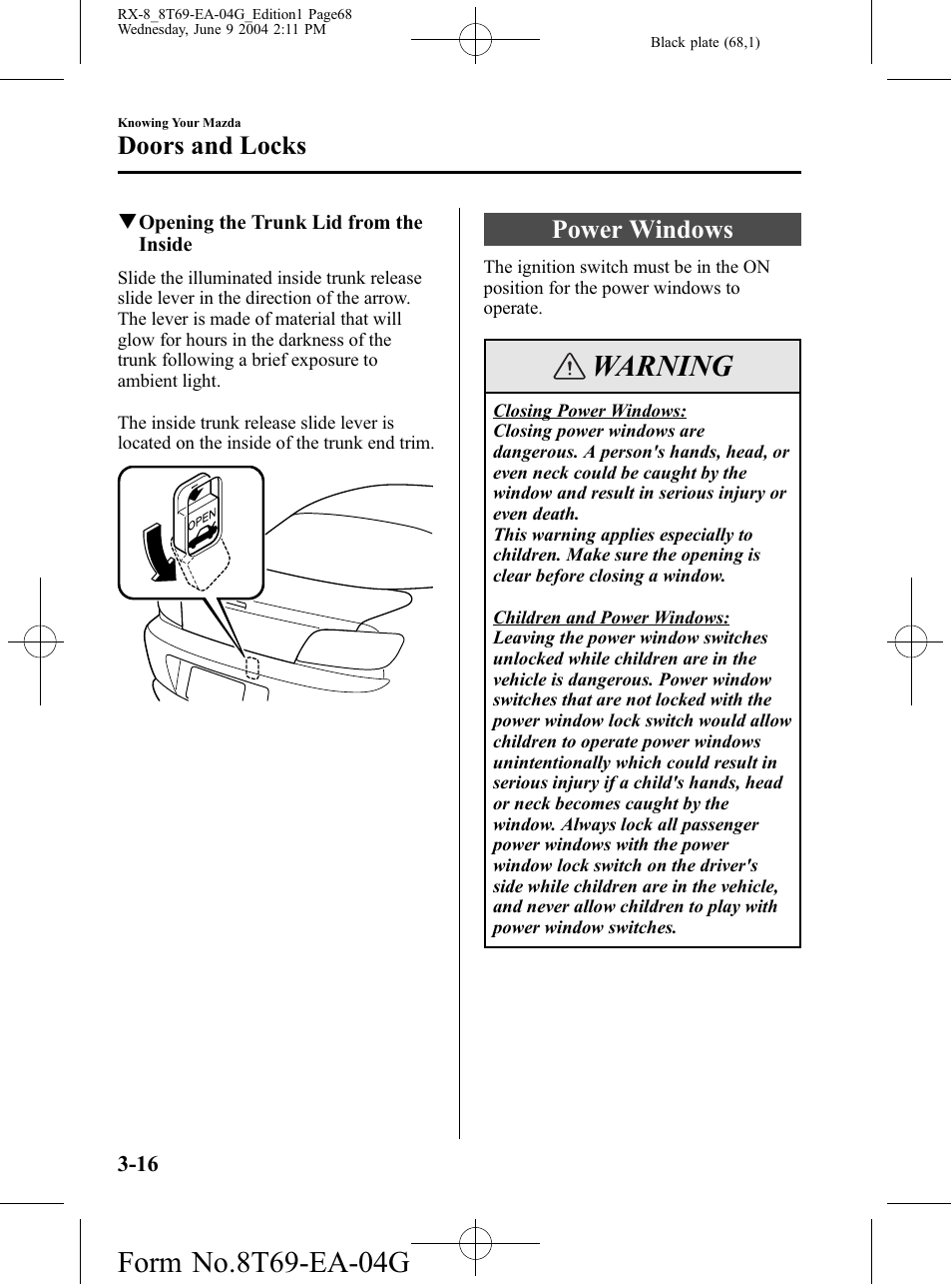 Power windows, Power windows -16, Warning | Doors and locks | Mazda 2005 RX-8 User Manual | Page 68 / 364