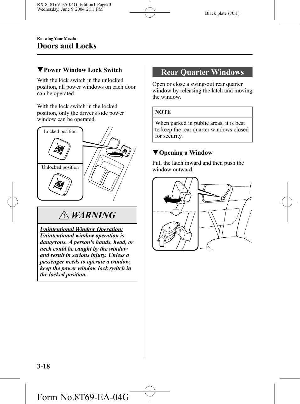 Rear quarter windows, Rear quarter windows -18, Warning | Doors and locks | Mazda 2005 RX-8 User Manual | Page 70 / 364