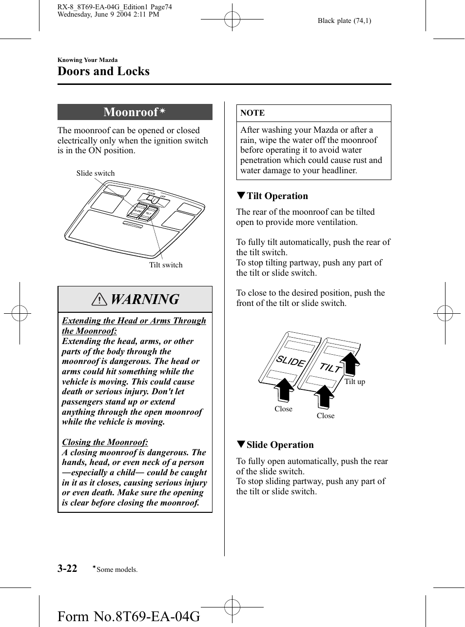 Moonroof, Warning, Doors and locks | Mazda 2005 RX-8 User Manual | Page 74 / 364
