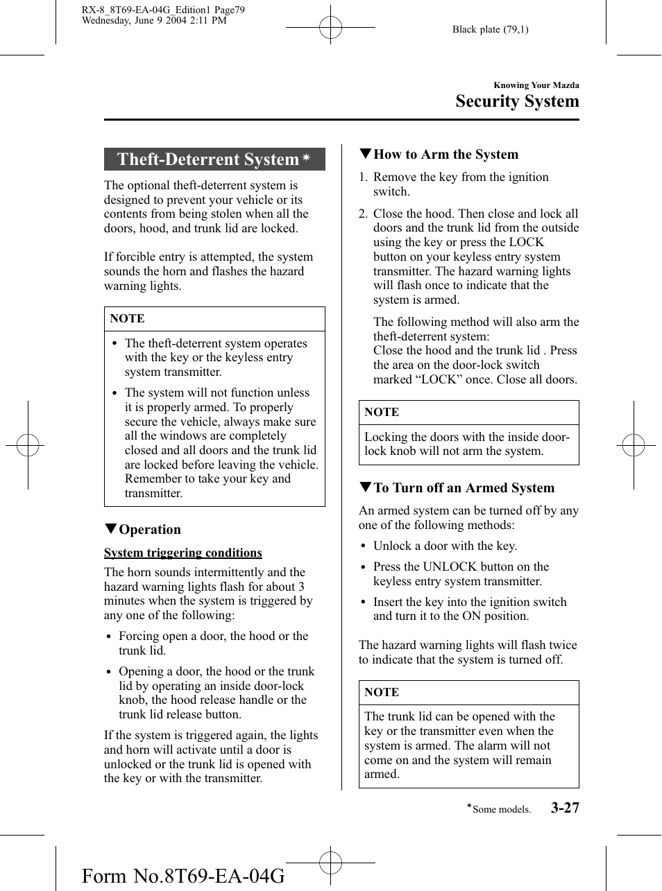 Theft-deterrent system, Security system | Mazda 2005 RX-8 User Manual | Page 79 / 364