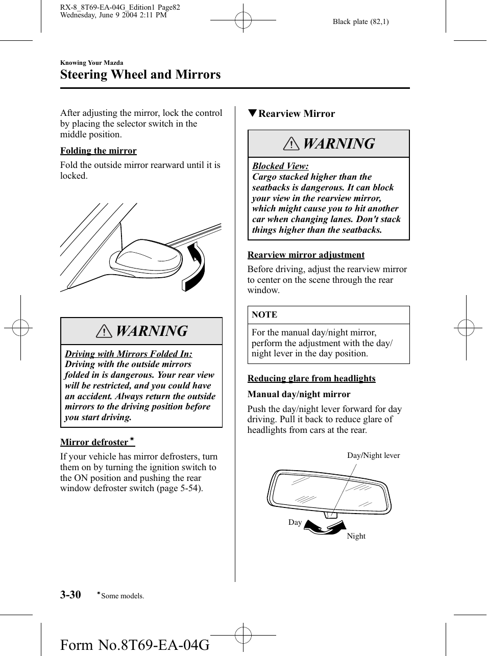 Warning, Steering wheel and mirrors | Mazda 2005 RX-8 User Manual | Page 82 / 364