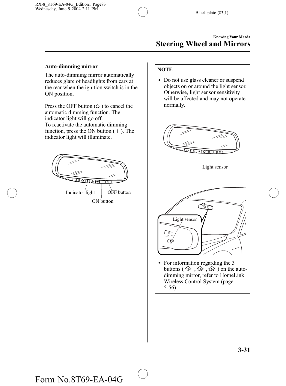 Steering wheel and mirrors | Mazda 2005 RX-8 User Manual | Page 83 / 364