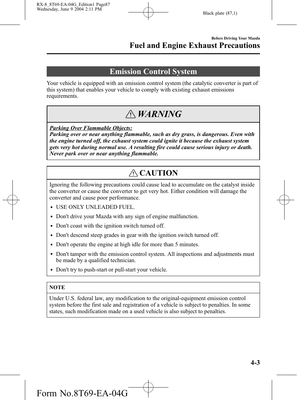 Emission control system, Emission control system -3, Warning | Caution, Fuel and engine exhaust precautions | Mazda 2005 RX-8 User Manual | Page 87 / 364