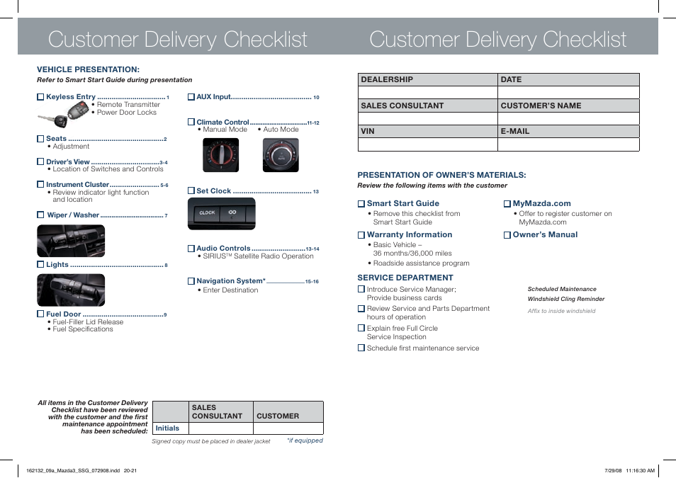 Customer delivery checklist | Mazda 2009 3 4-DOOR User Manual | Page 11 / 12