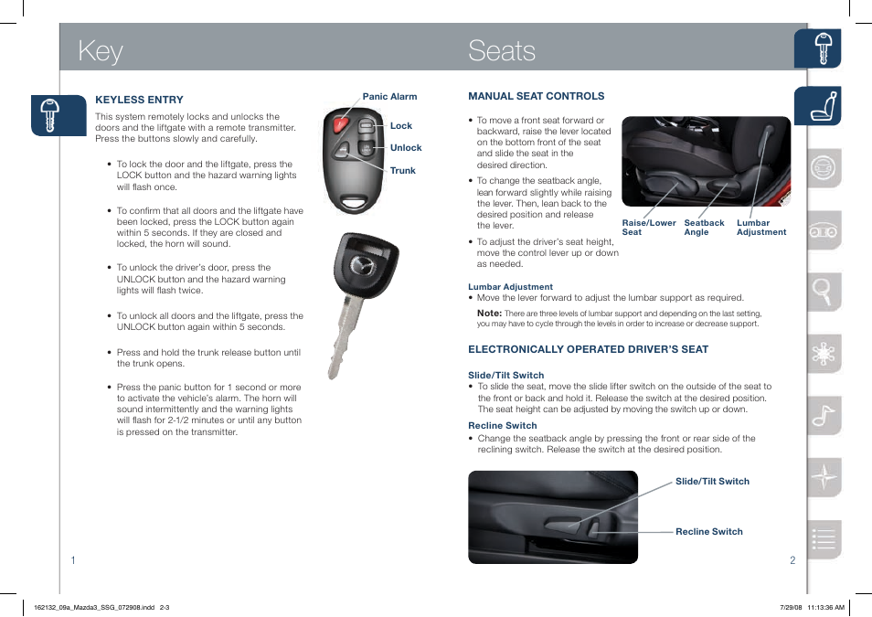 Key seats | Mazda 2009 3 4-DOOR User Manual | Page 2 / 12