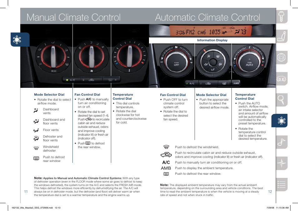 Automatic climate control, Manual climate control | Mazda 2009 3 4-DOOR User Manual | Page 7 / 12