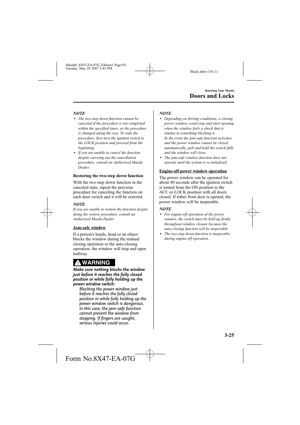 Doors and locks, Warning | Mazda 2008 6 User Manual | Page 101 / 440
