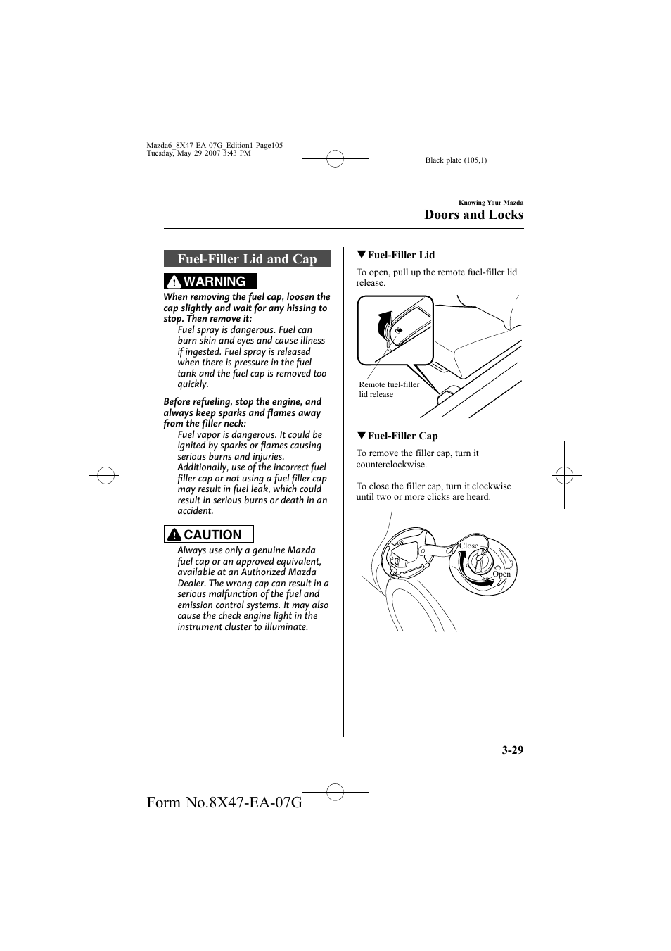 Fuel-filler lid and cap, Doors and locks, Warning | Caution | Mazda 2008 6 User Manual | Page 105 / 440