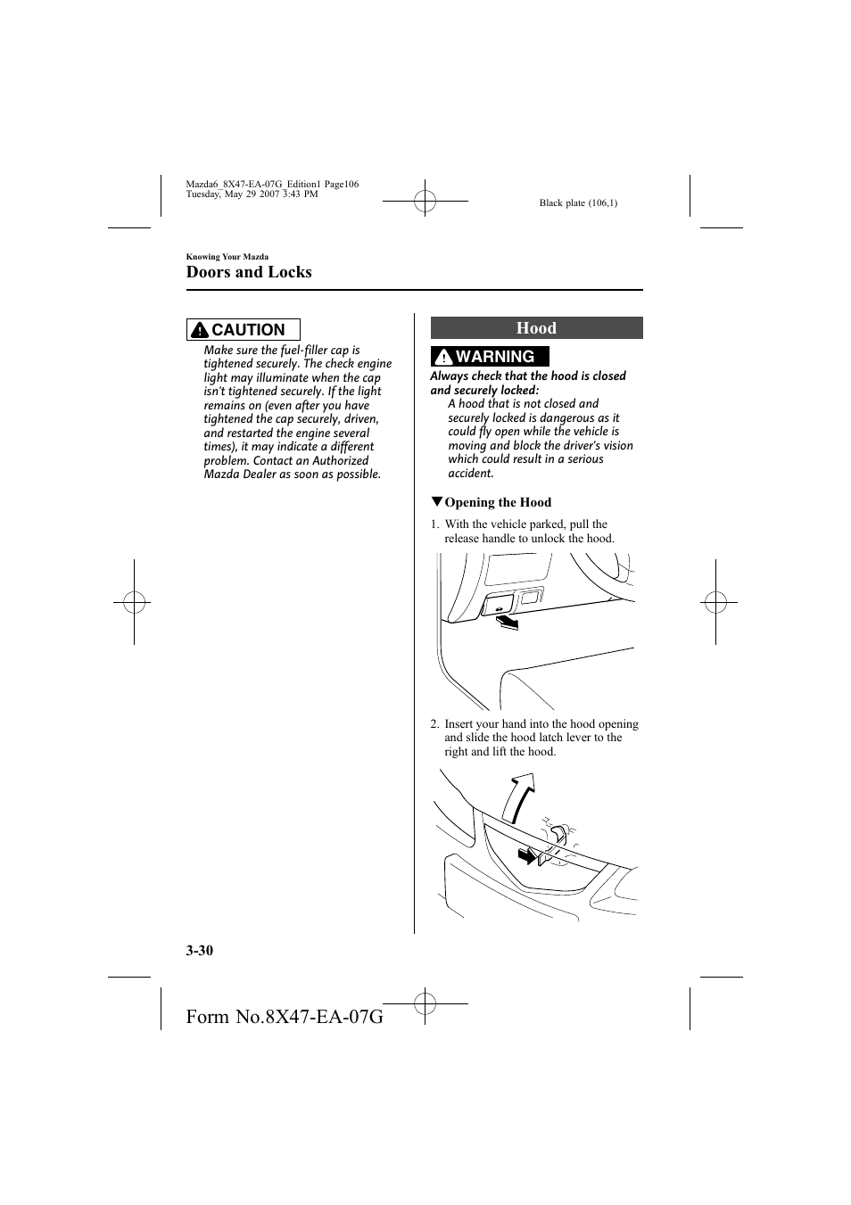 Hood, Doors and locks | Mazda 2008 6 User Manual | Page 106 / 440