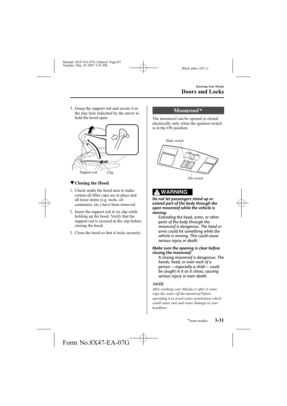 Moonroof, Doors and locks, Warning | Mazda 2008 6 User Manual | Page 107 / 440