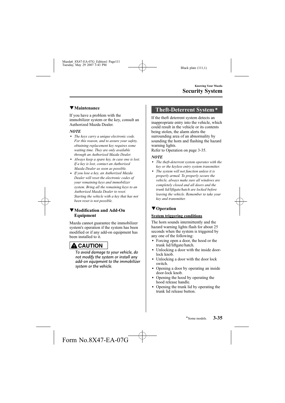 Theft-deterrent system, Security system, Caution | Mazda 2008 6 User Manual | Page 111 / 440