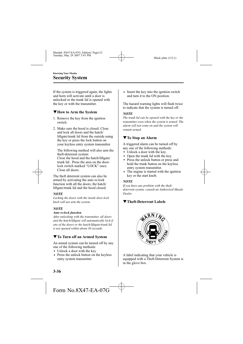 Security system | Mazda 2008 6 User Manual | Page 112 / 440