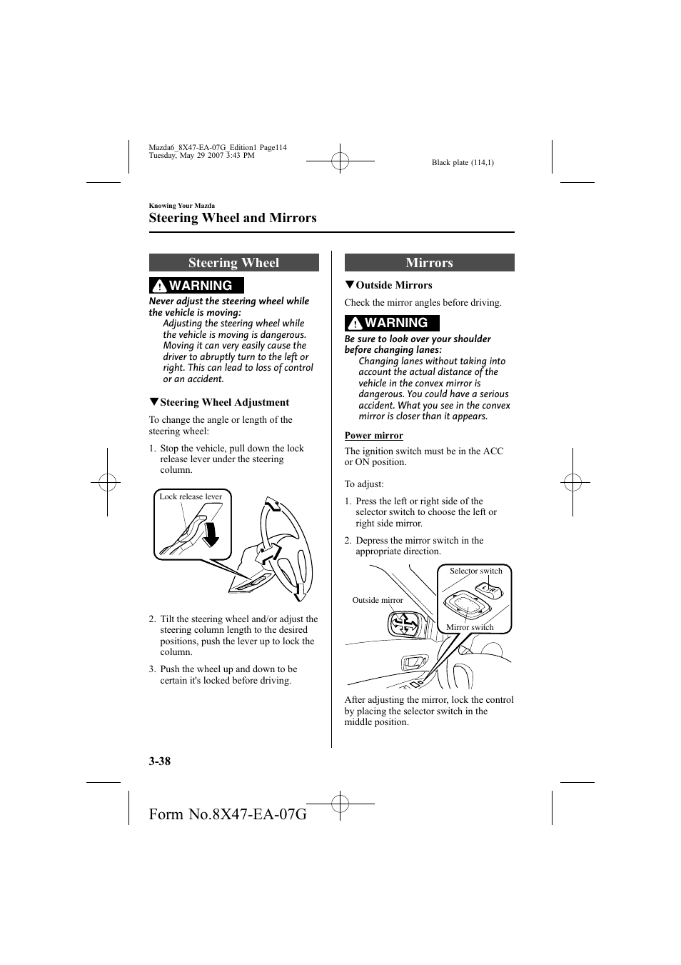 Steering wheel, Mirrors, Steering wheel and mirrors | Warning | Mazda 2008 6 User Manual | Page 114 / 440