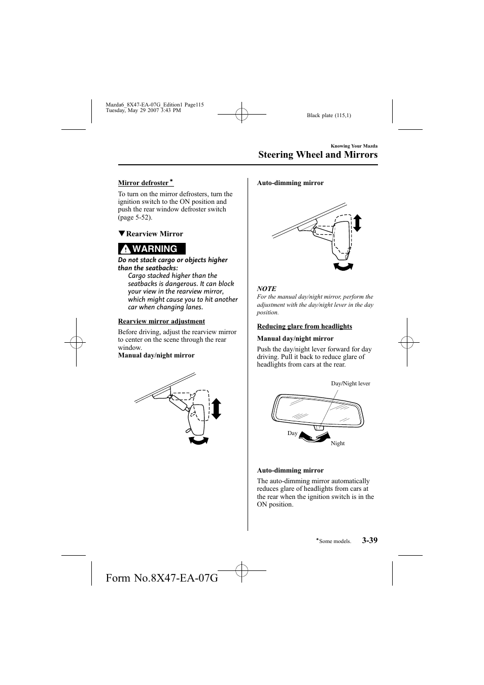 Steering wheel and mirrors, Warning | Mazda 2008 6 User Manual | Page 115 / 440