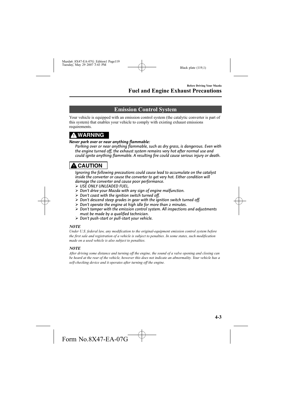 Emission control system, Fuel and engine exhaust precautions, Warning | Caution | Mazda 2008 6 User Manual | Page 119 / 440