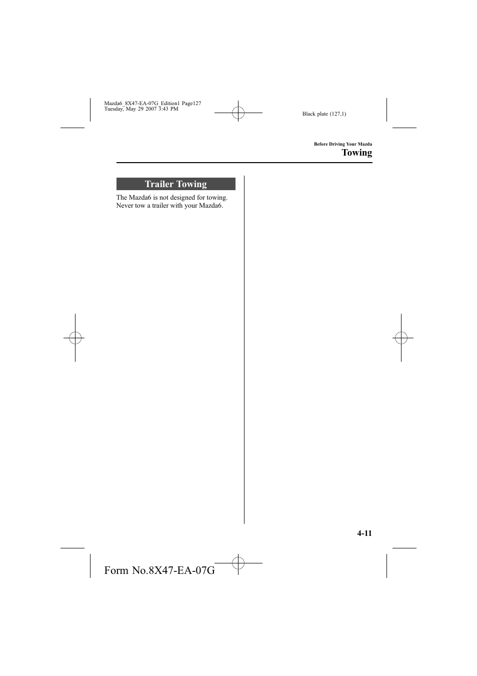 Trailer towing, Towing | Mazda 2008 6 User Manual | Page 127 / 440