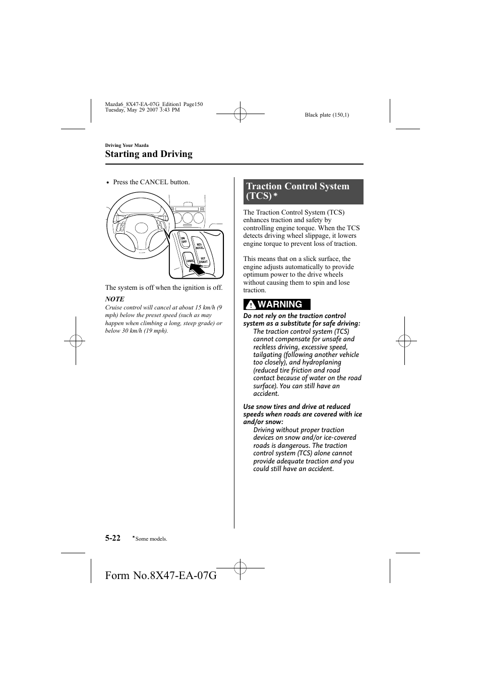 Traction control system (tcs), Starting and driving, Warning | Mazda 2008 6 User Manual | Page 150 / 440