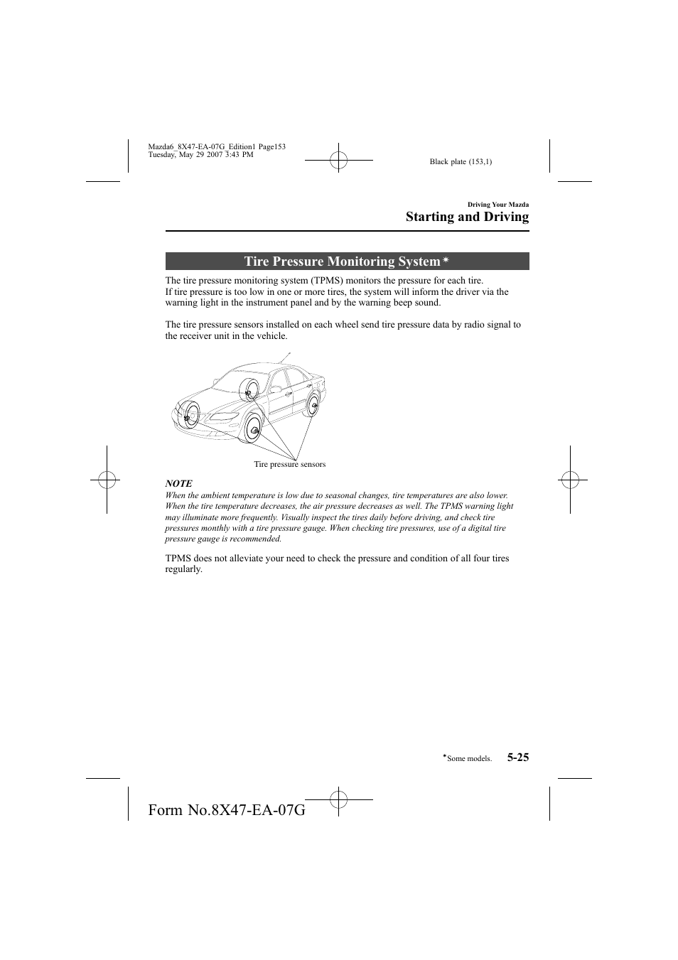 Tire pressure monitoring system, Starting and driving | Mazda 2008 6 User Manual | Page 153 / 440
