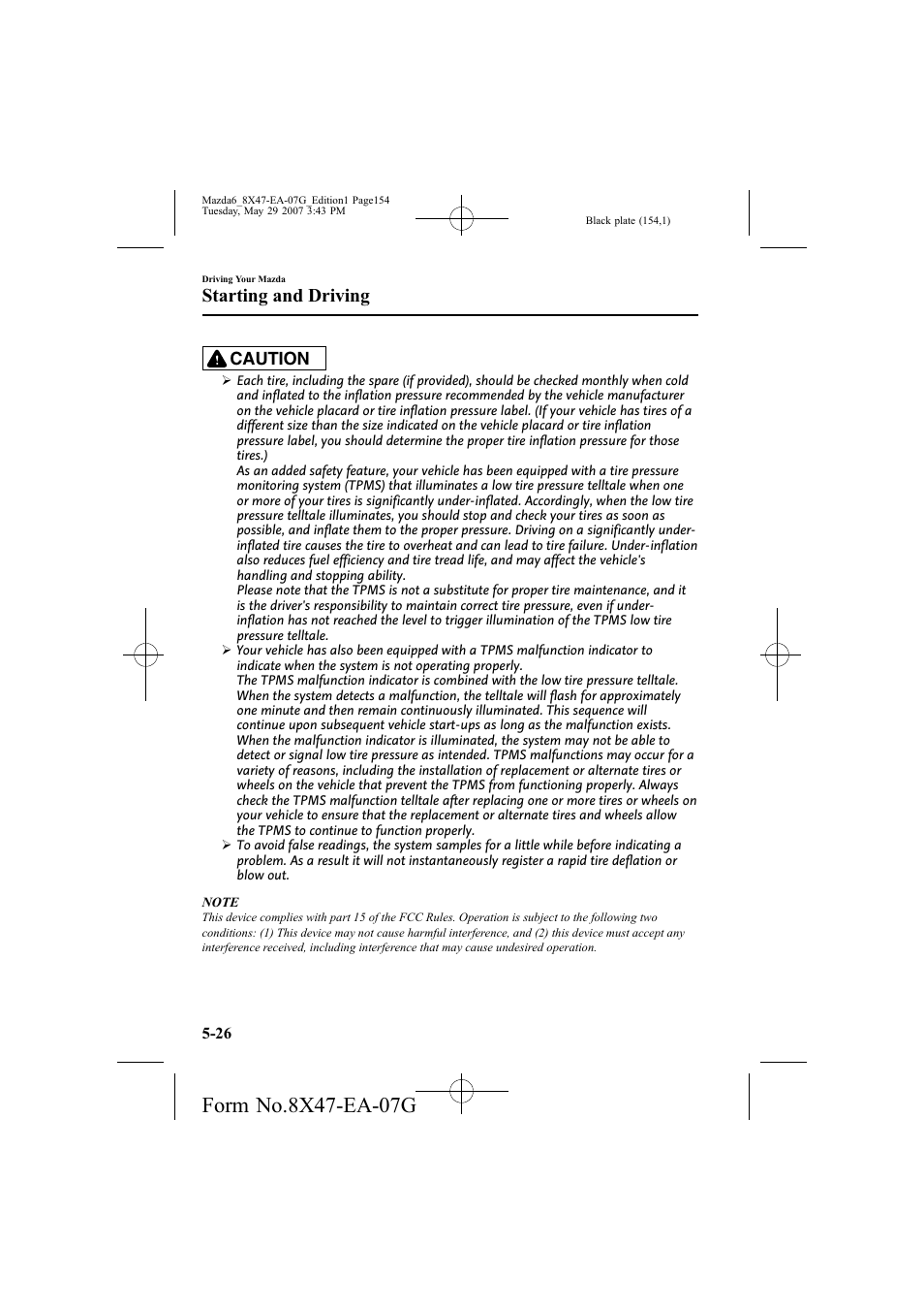 Starting and driving, Caution | Mazda 2008 6 User Manual | Page 154 / 440