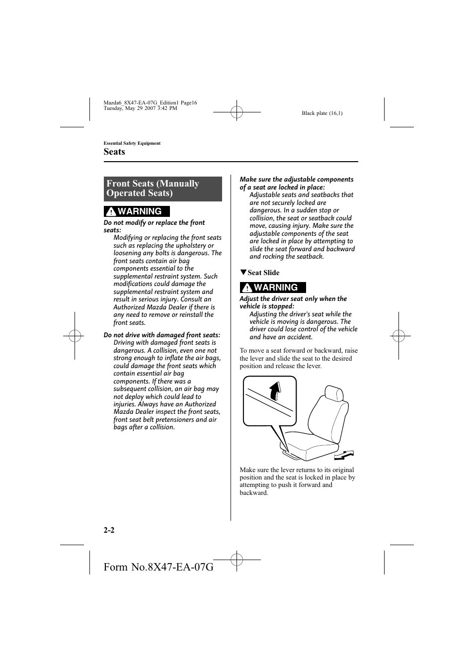 Front seats (manually operated seats), Seats | Mazda 2008 6 User Manual | Page 16 / 440