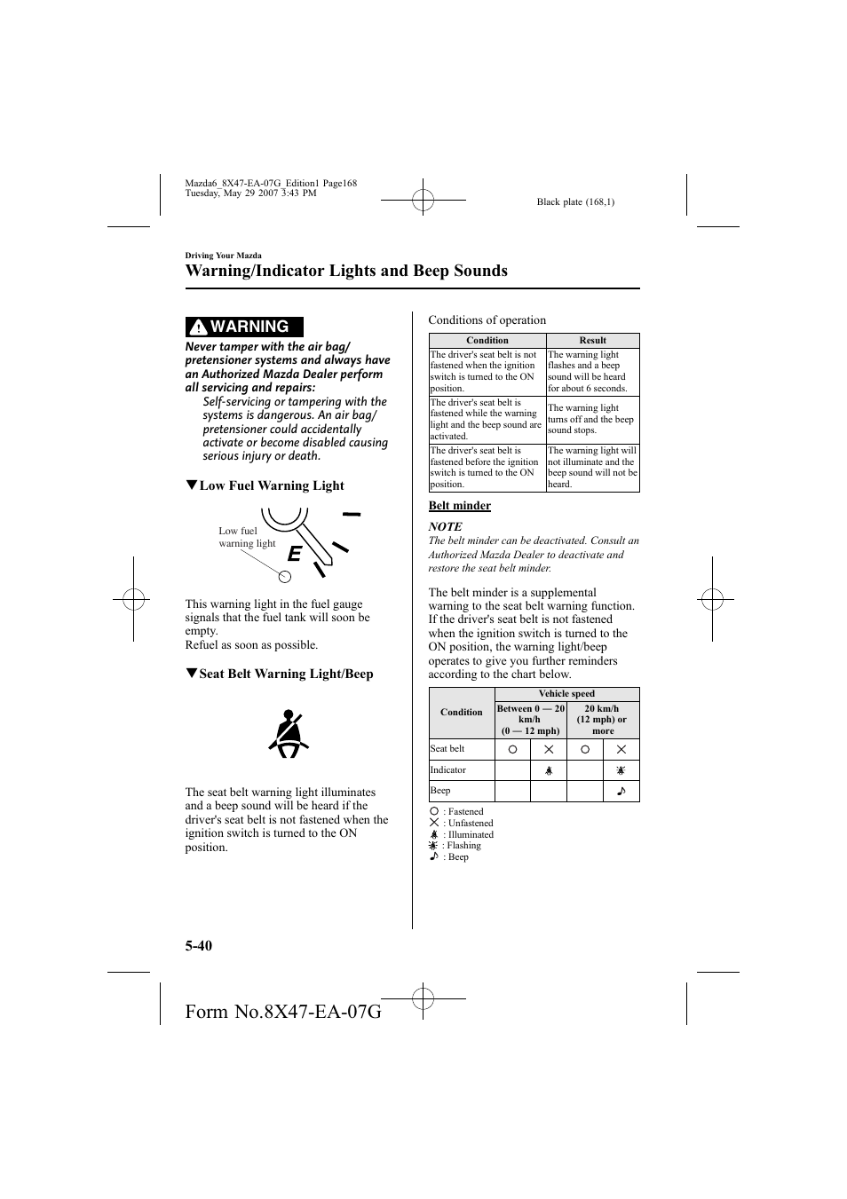Warning/indicator lights and beep sounds, Warning | Mazda 2008 6 User Manual | Page 168 / 440