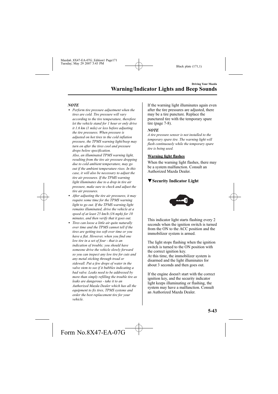 Warning/indicator lights and beep sounds | Mazda 2008 6 User Manual | Page 171 / 440