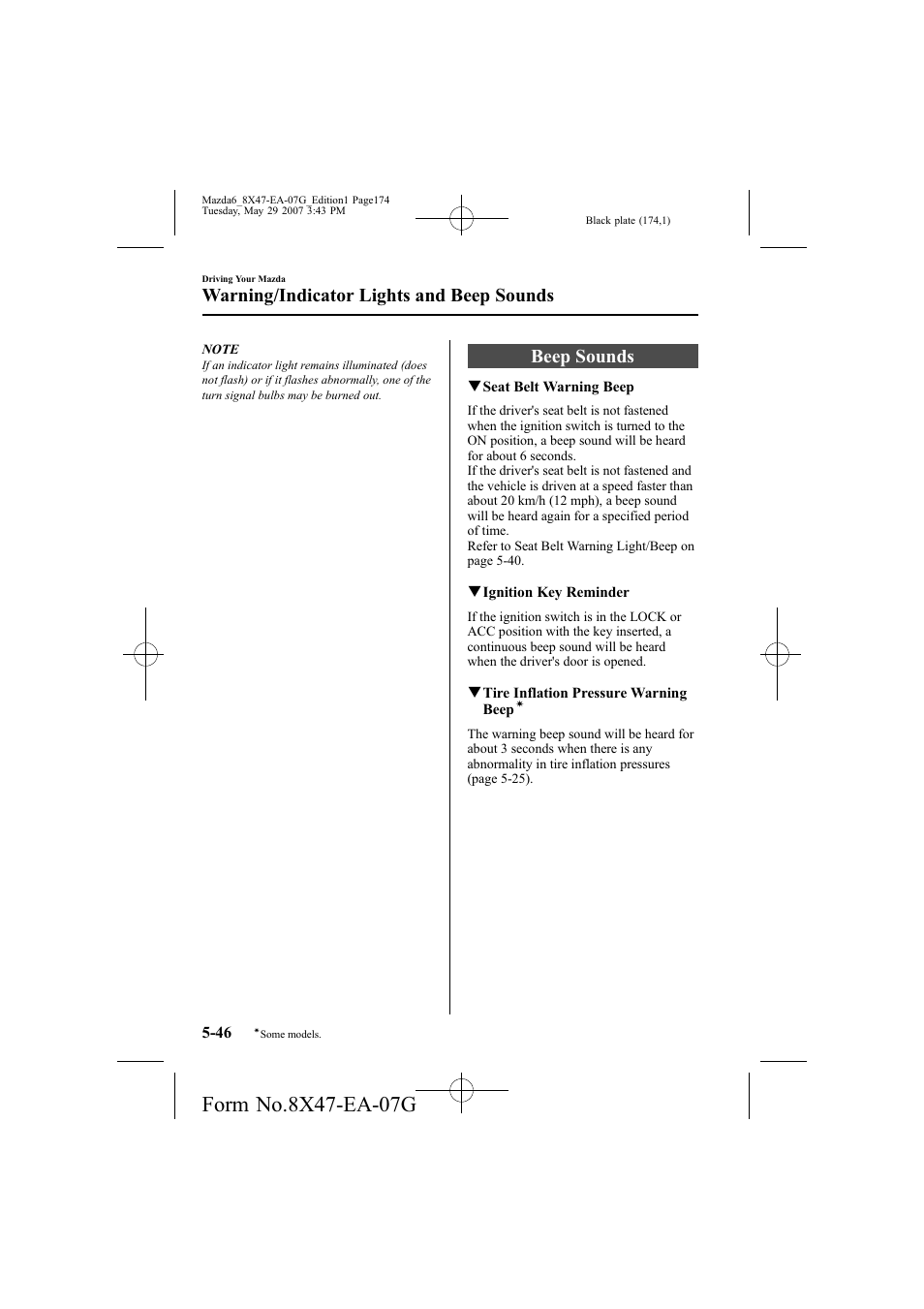 Beep sounds, Warning/indicator lights and beep sounds | Mazda 2008 6 User Manual | Page 174 / 440