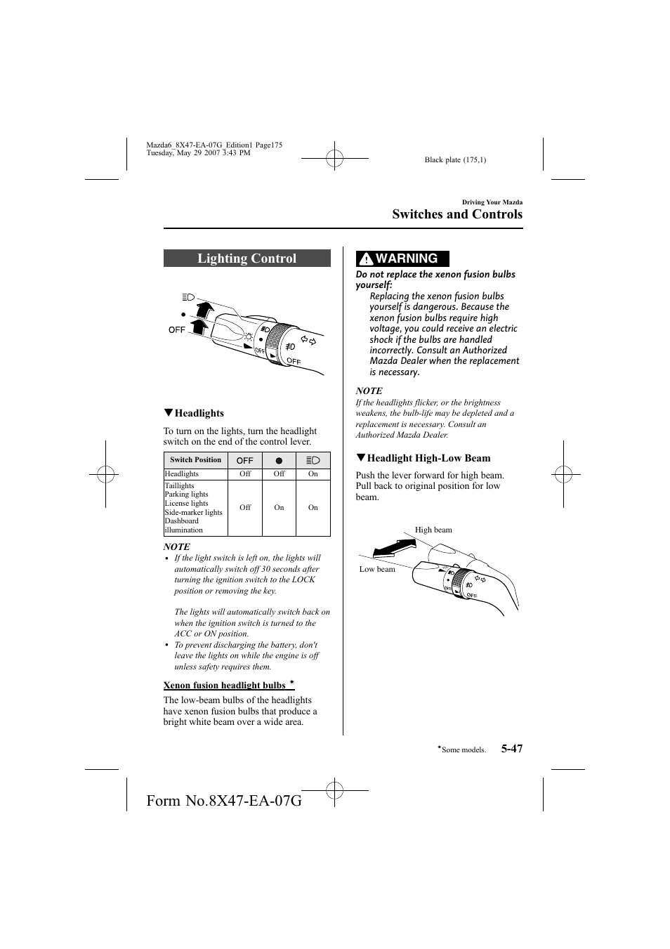 Lighting control, Switches and controls, Warning | Mazda 2008 6 User Manual | Page 175 / 440