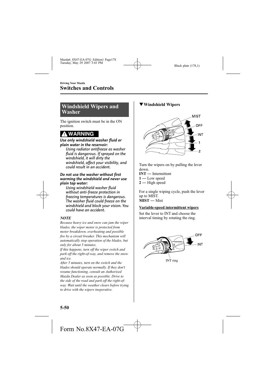 Windshield wipers and washer, Switches and controls, Warning | Mazda 2008 6 User Manual | Page 178 / 440
