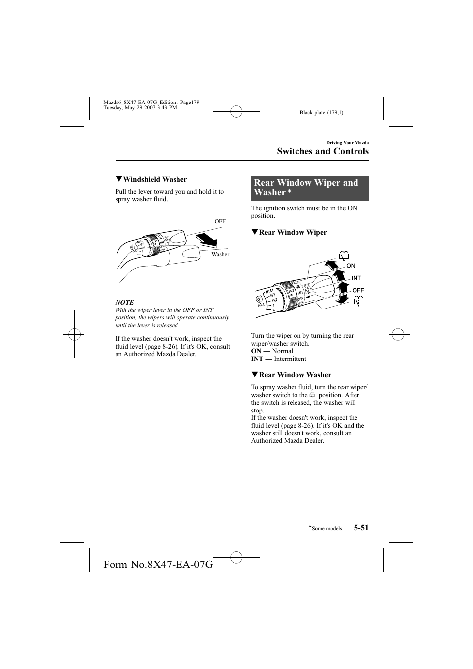 Rear window wiper and washer, Switches and controls | Mazda 2008 6 User Manual | Page 179 / 440