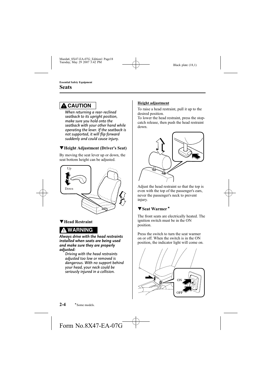 Seats, Caution, Warning | Mazda 2008 6 User Manual | Page 18 / 440