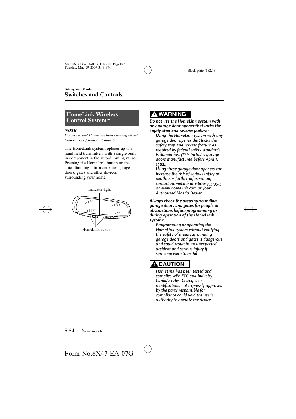 Homelink wireless control system, Switches and controls, Warning | Caution | Mazda 2008 6 User Manual | Page 182 / 440