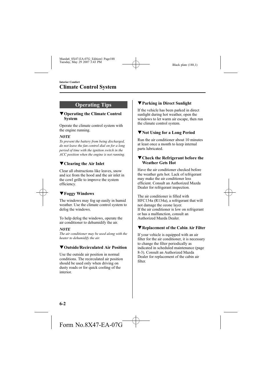 Operating tips, Climate control system | Mazda 2008 6 User Manual | Page 188 / 440