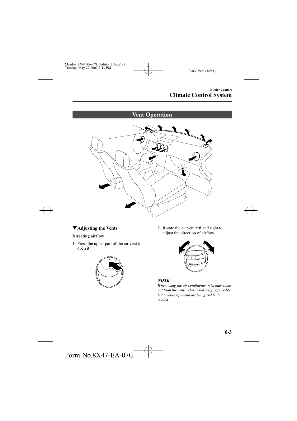 Vent operation, Climate control system | Mazda 2008 6 User Manual | Page 189 / 440