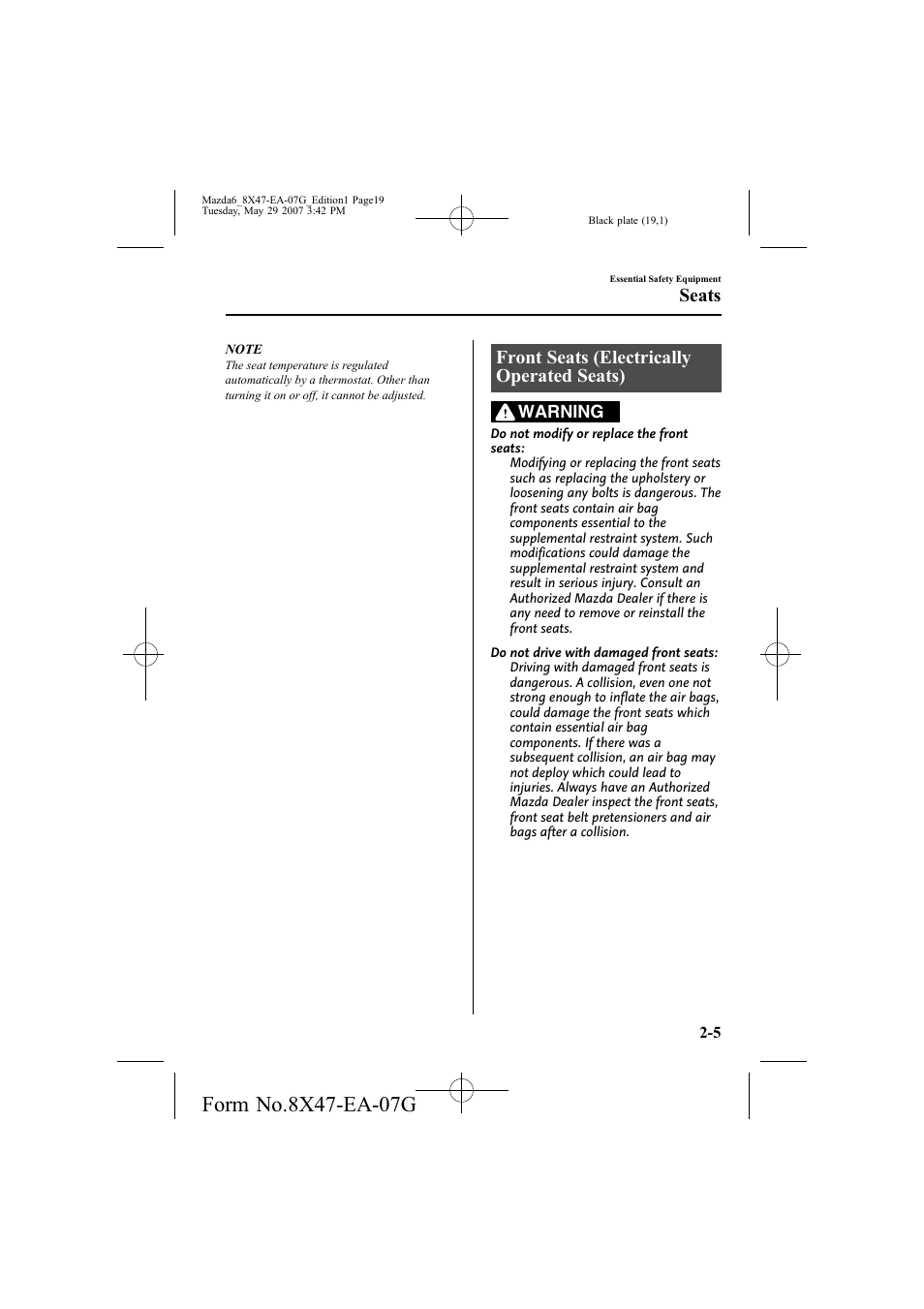 Front seats (electrically operated seats), Seats | Mazda 2008 6 User Manual | Page 19 / 440