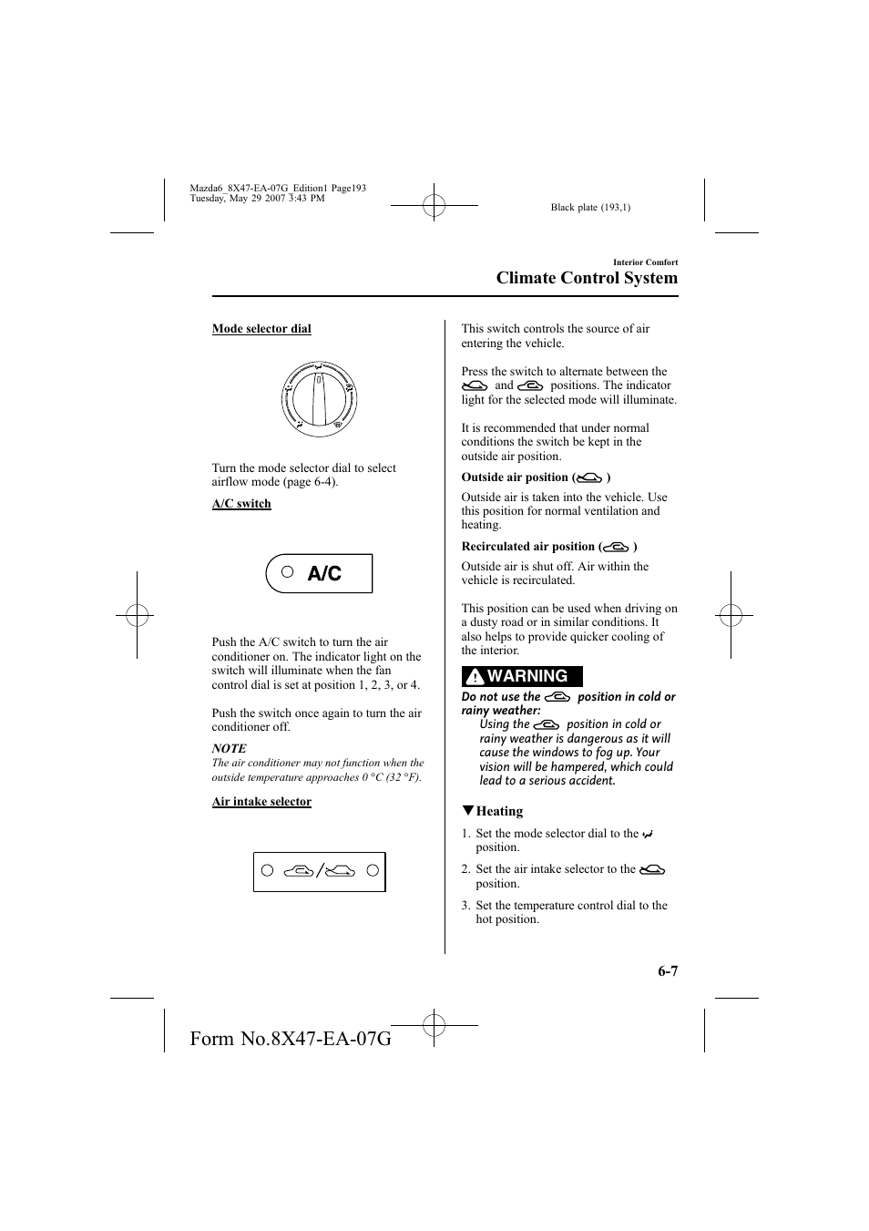 Climate control system, Warning | Mazda 2008 6 User Manual | Page 193 / 440